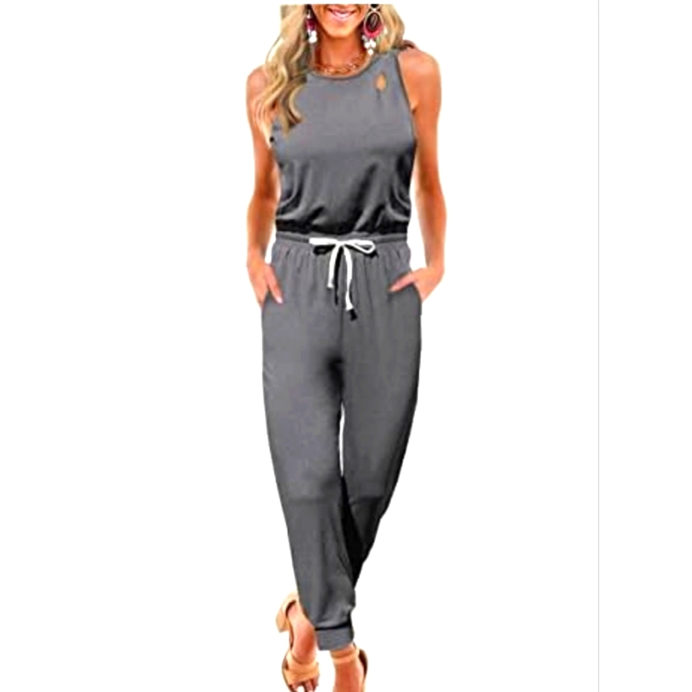 Kirundo Women's Jumpsuit cutout Sleevless crew neckline drawstring waist Gray sm